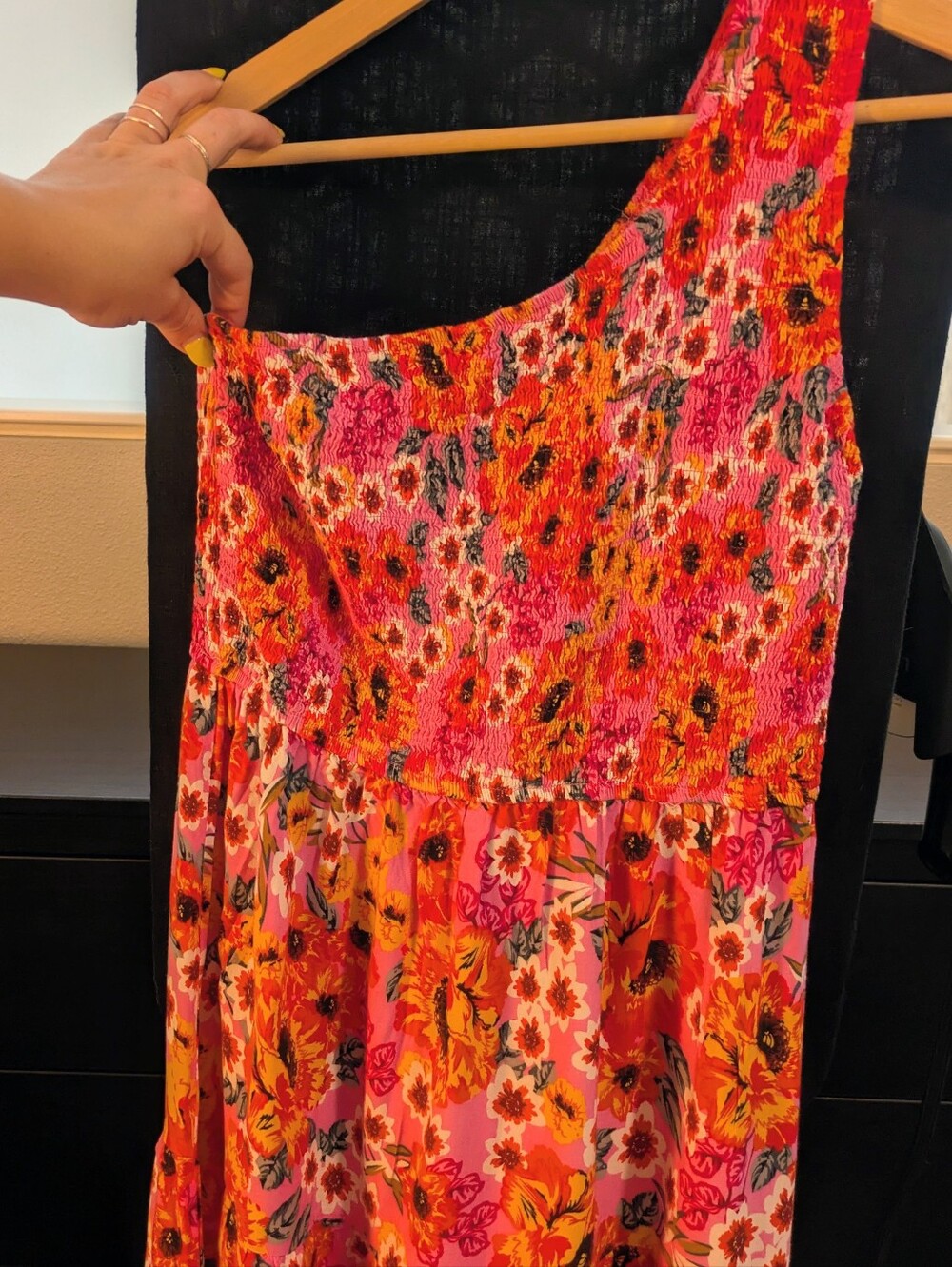 One Shoulder Smoked Boho Floral Midi Dress